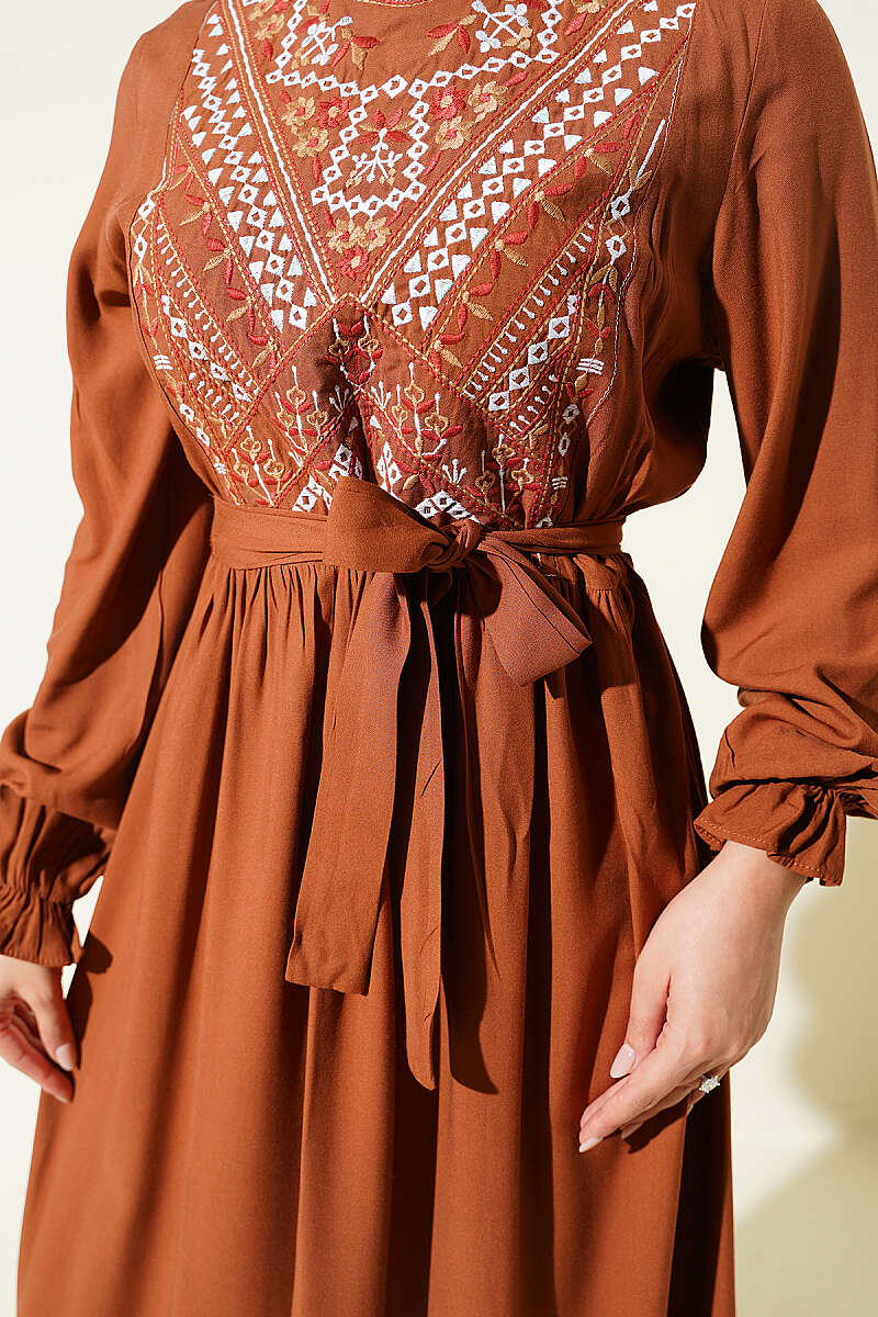 Embroidered Front Banded Cuff Dress Tan – Image 4