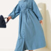 Dress with Ribbed Front and Tie Belt Baby Blue - Imagen 5