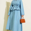 V-Neck Brooch-Embellished Denim Two-Piece Set Light Blue - Imagen 5