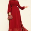Pleated Belted Chiffon Evening Dress Burgundy