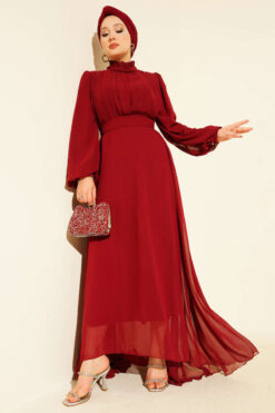 Pleated Belted Chiffon Evening Dress Burgundy
