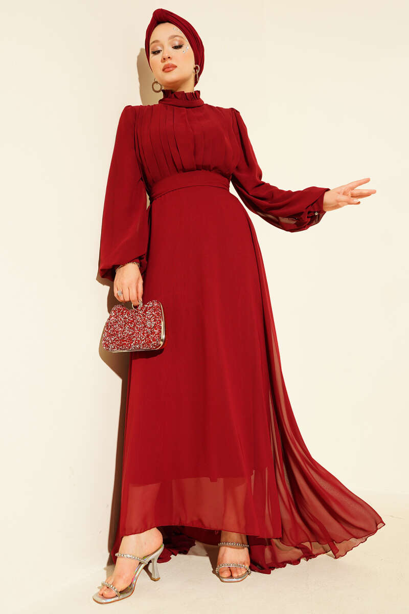 Pleated Belted Chiffon Evening Dress Burgundy