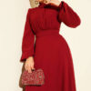 Pleated Belted Chiffon Evening Dress Burgundy - الصورة 2