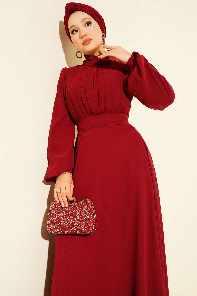Pleated Belted Chiffon Evening Dress Burgundy - الصورة 2