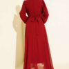 Pleated Belted Chiffon Evening Dress Burgundy - الصورة 3