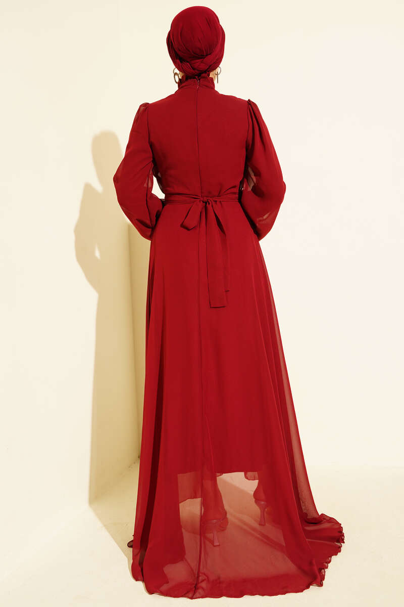 Pleated Belted Chiffon Evening Dress Burgundy - الصورة 3