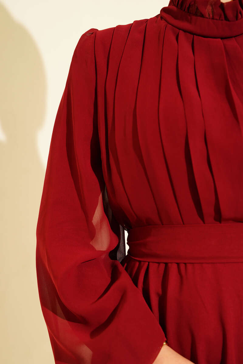 Pleated Belted Chiffon Evening Dress Burgundy - الصورة 4