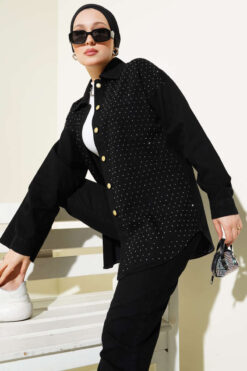 Alternative view of Stone Embellished Gold Button Denim Two-Piece Set Black