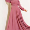 V-Neck Pleated Belted Evening Dress Rose Dust