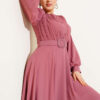 ⁦V-Neck Pleated Belted Evening Dress Rose Dust⁩ - الصورة ⁦2⁩