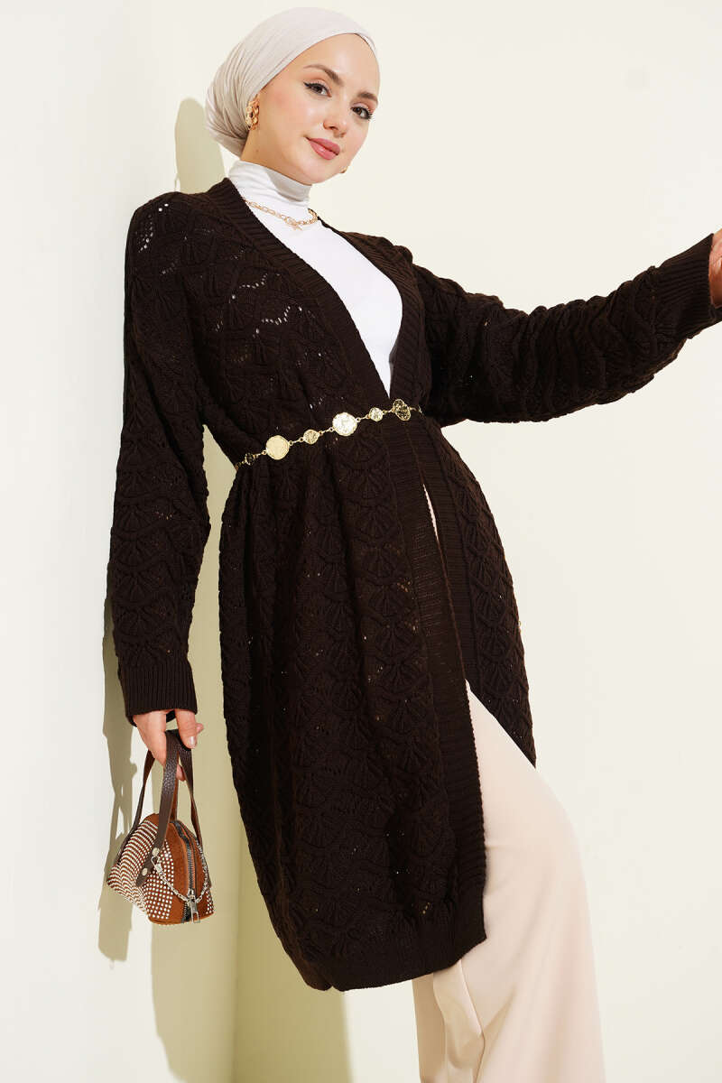 Knit Pattern Detailed Cardigan Dark Brown