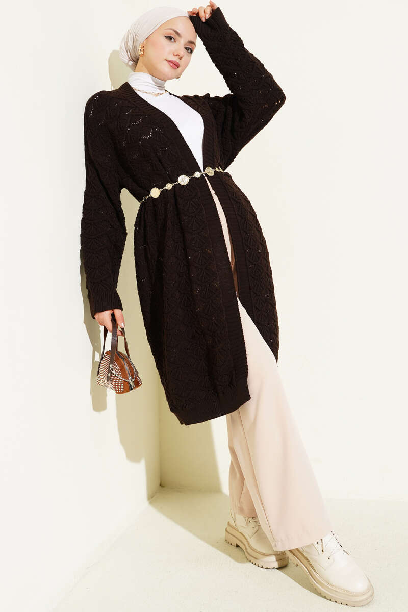 Knit Pattern Detailed Cardigan Dark Brown - immagine 2