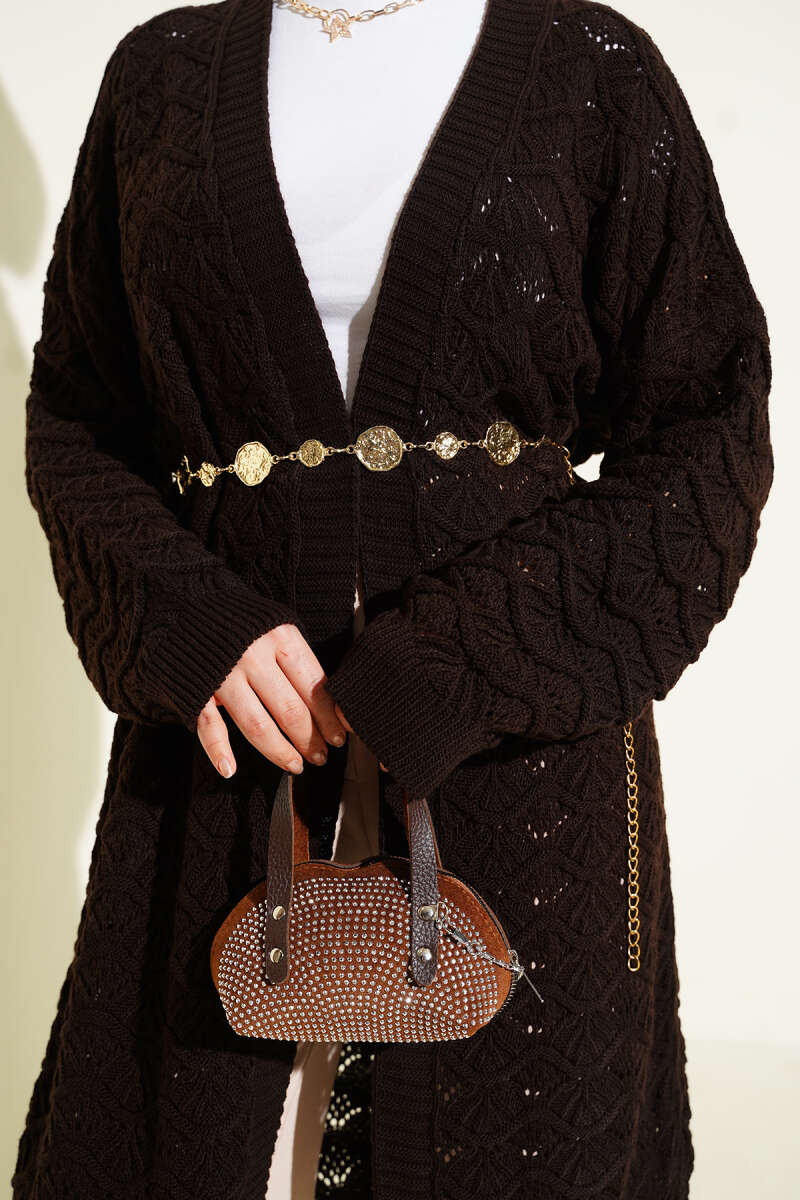 Knit Pattern Detailed Cardigan Dark Brown - immagine 4