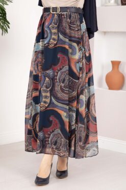 Alternative view of Authentic Patterned Belted Chiffon Skirt Navy Blue