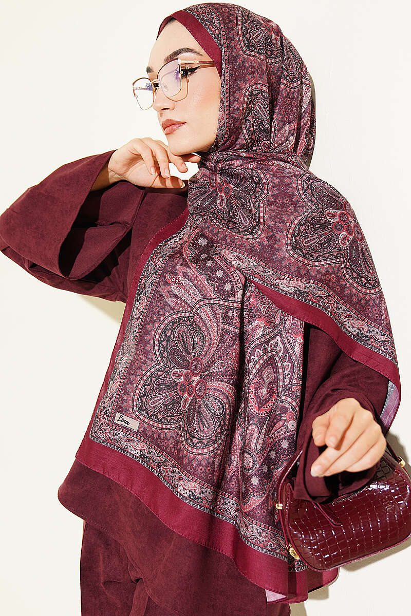 Vintage Patterned Printed Shawl Burgundy - immagine 2