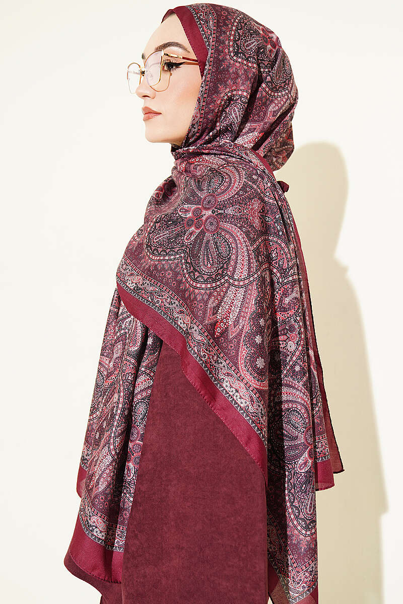 Vintage Patterned Printed Shawl Burgundy - immagine 3