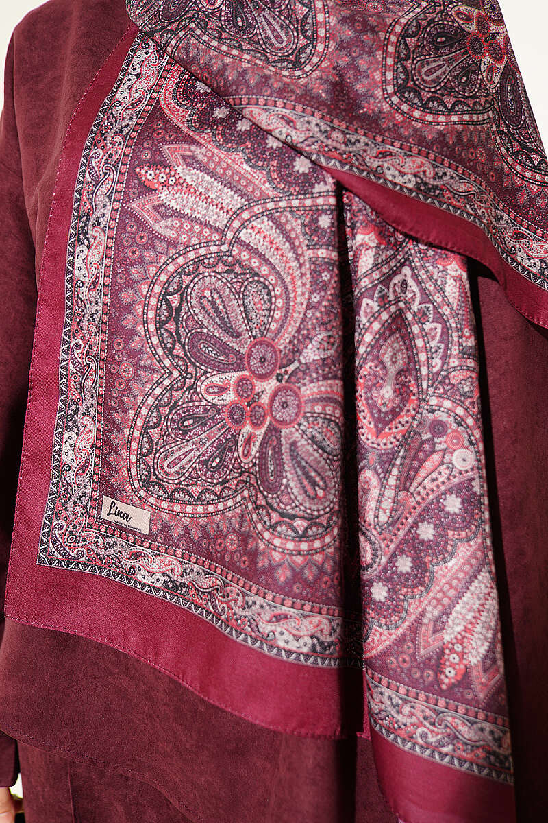 Vintage Patterned Printed Shawl Burgundy - immagine 4