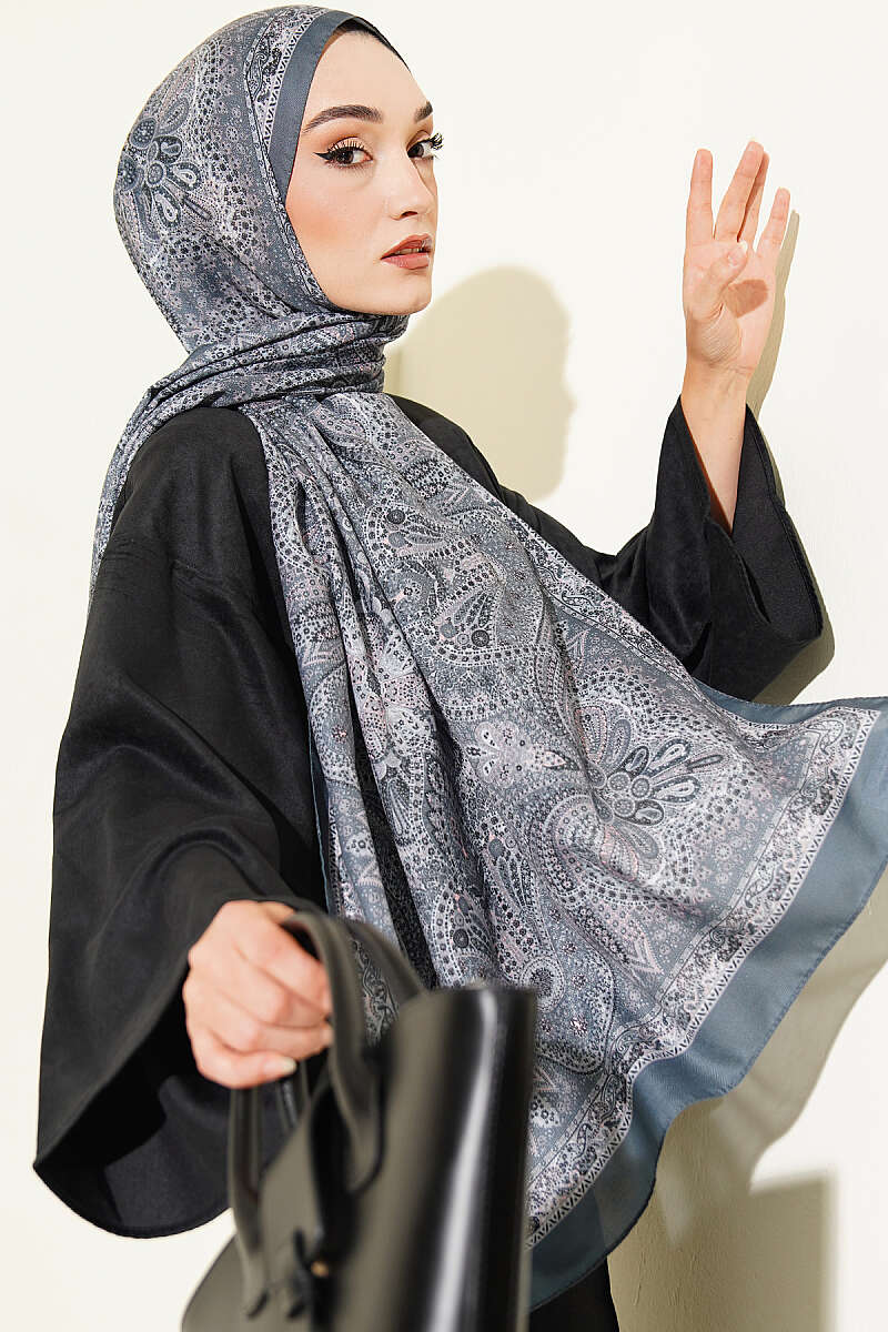 Vintage Patterned Printed Shawl Grey