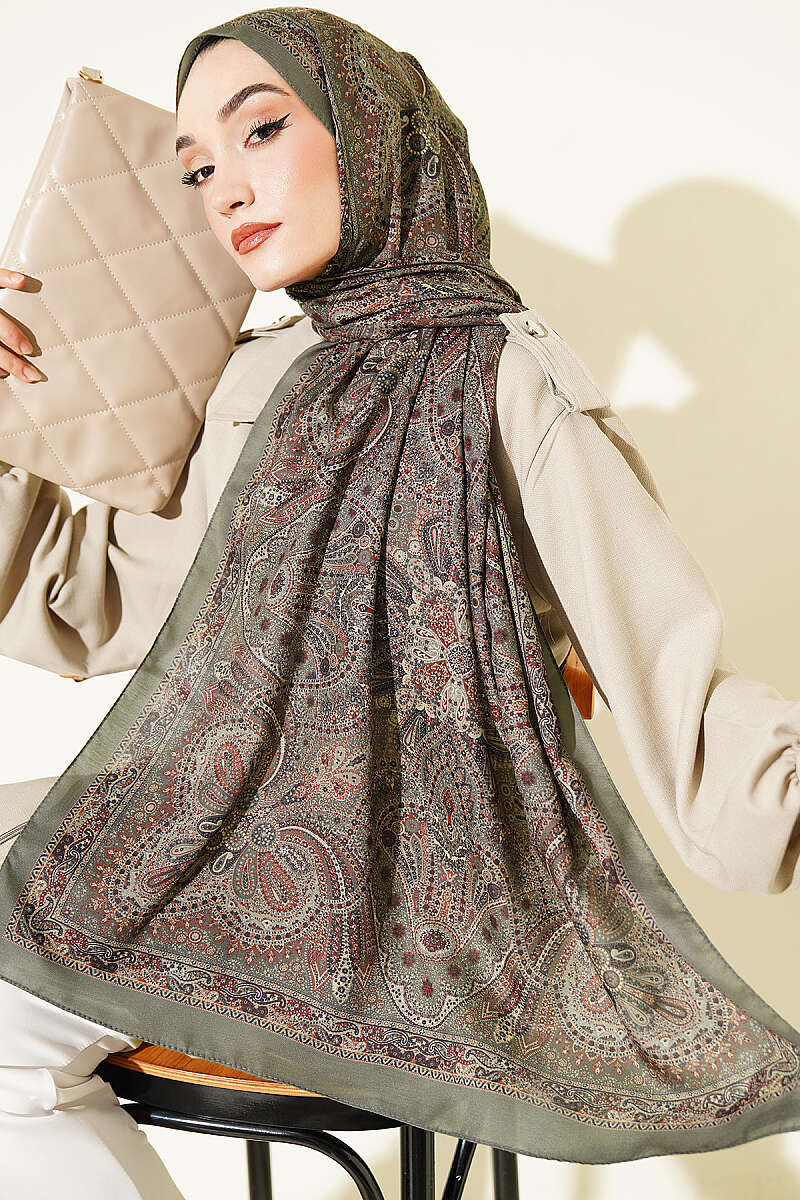 Vintage Patterned Printed Shawl Khaki