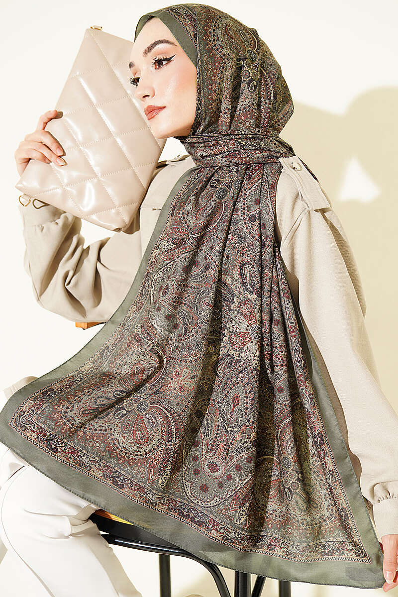 Vintage Patterned Printed Shawl Khaki - immagine 2