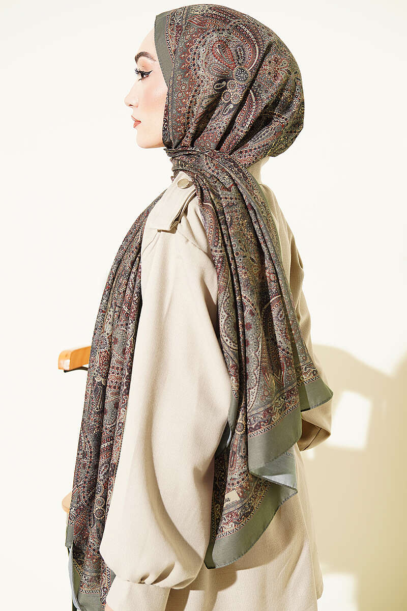 Vintage Patterned Printed Shawl Khaki - immagine 3