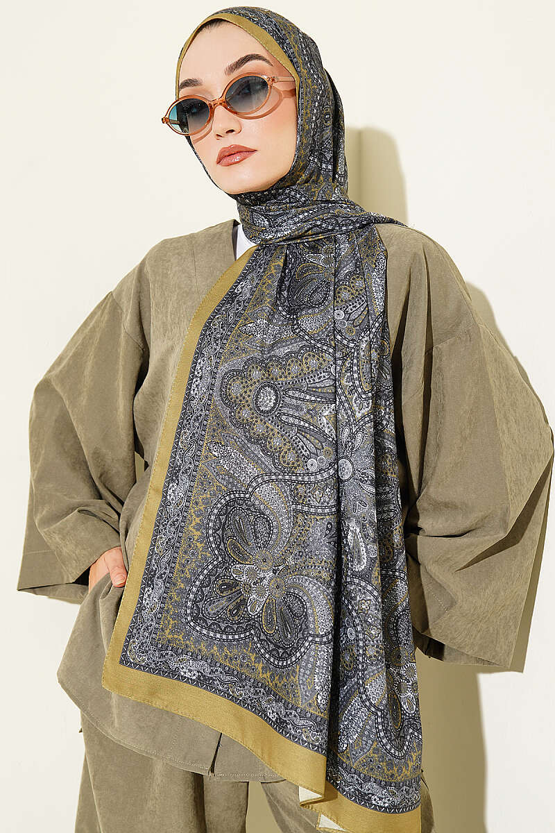 Vintage Patterned Printed Shawl Henna Green