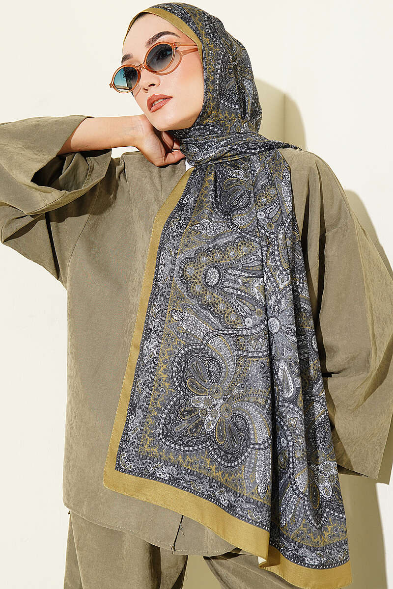 Vintage Patterned Printed Shawl Henna Green - Image 2