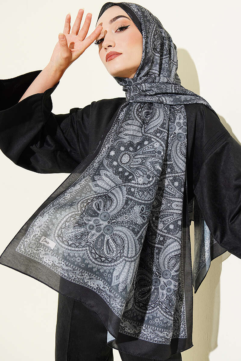 Vintage Patterned Printed Shawl Black