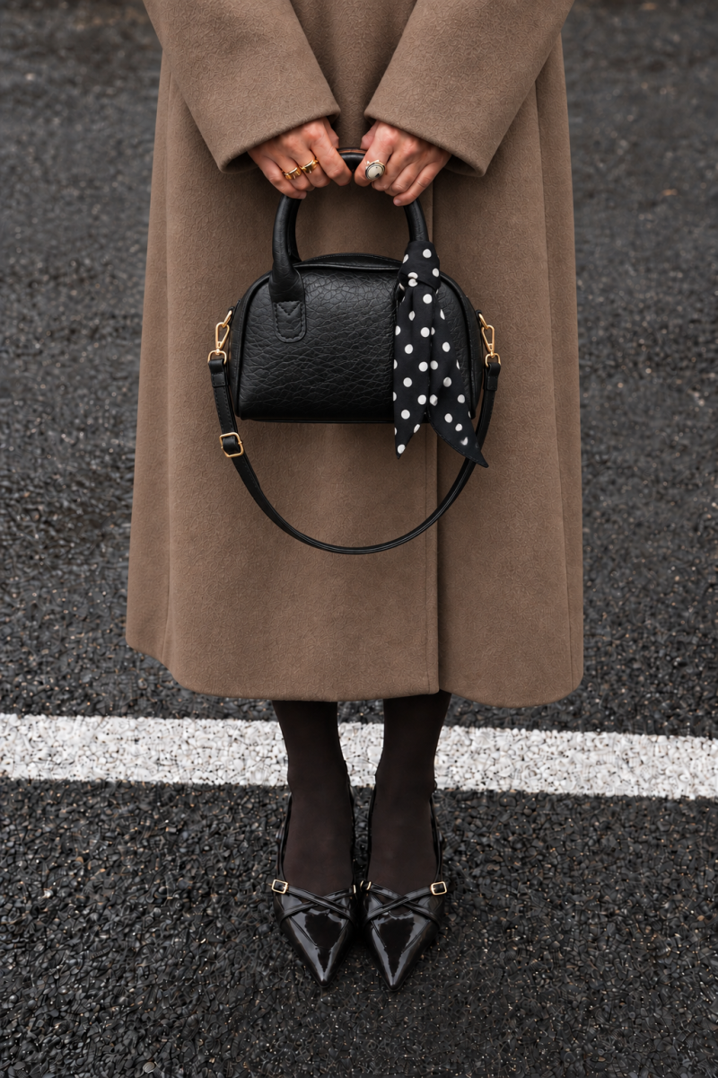 Oval-shaped handbag with a scarf accent Black