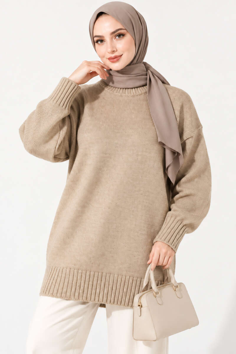 Oversized Ribbed Knit Tunic Beige