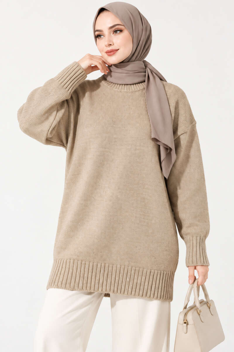 Oversized Ribbed Knit Tunic Beige - Image 2