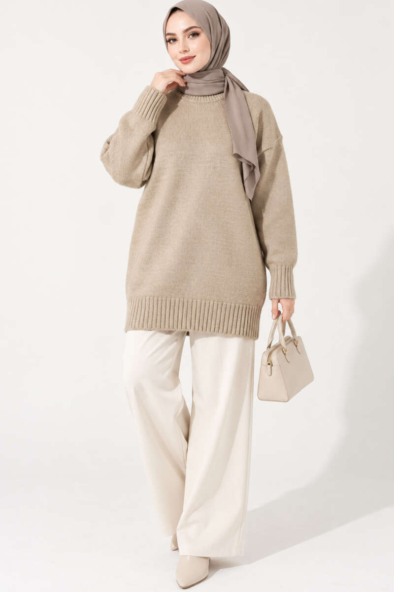 Oversized Ribbed Knit Tunic Beige - Image 3