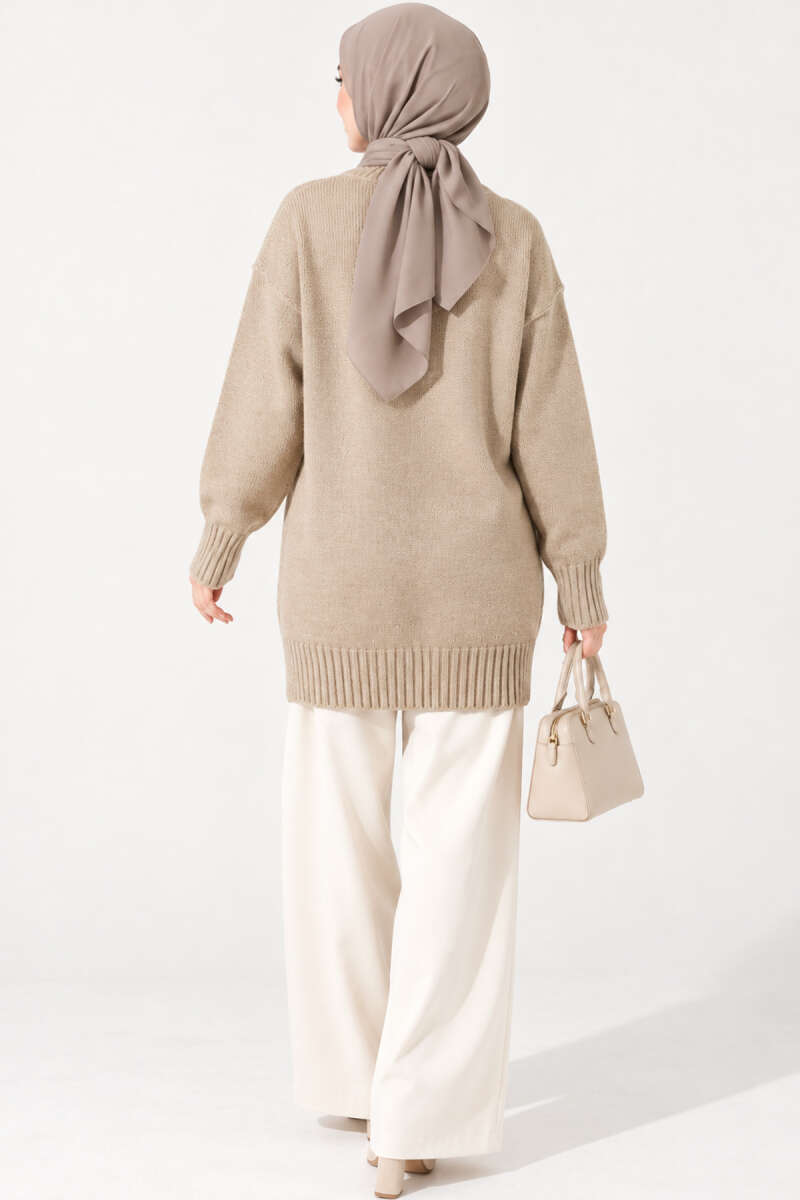 Oversized Ribbed Knit Tunic Beige - Image 4