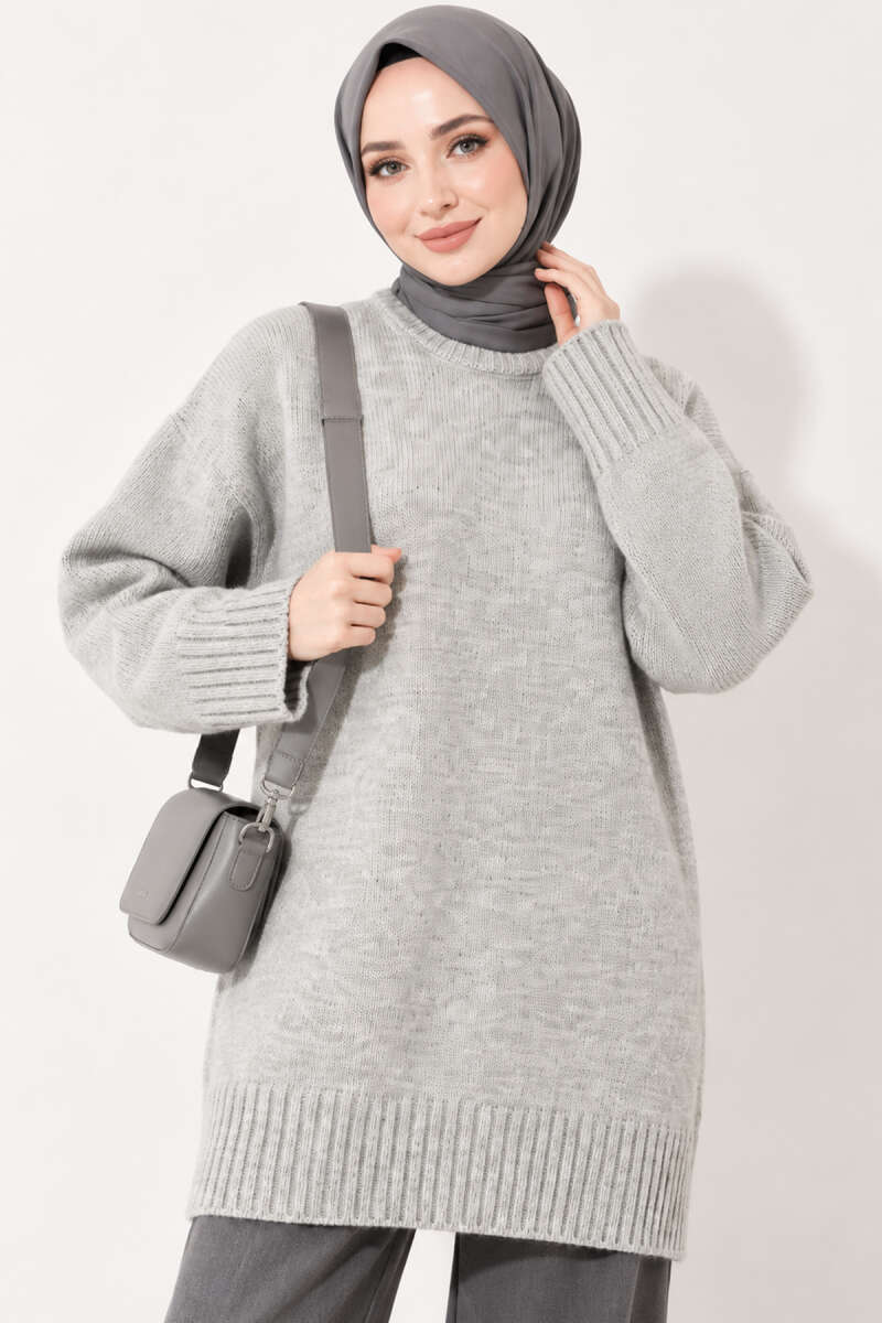 Oversized Ribbed Knit Tunic Grey