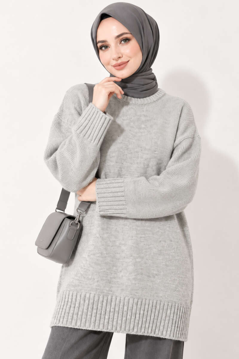Oversized Ribbed Knit Tunic Grey - Image 2