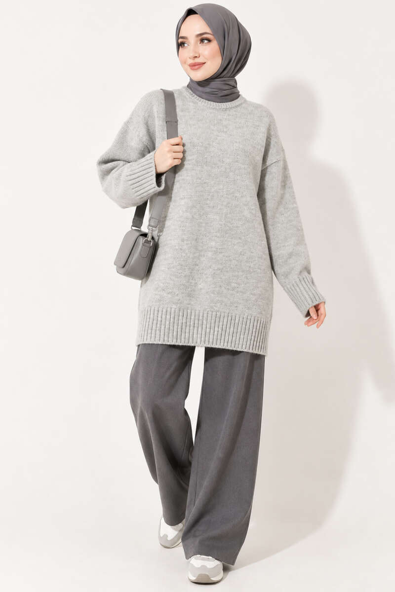 Oversized Ribbed Knit Tunic Grey - Image 3