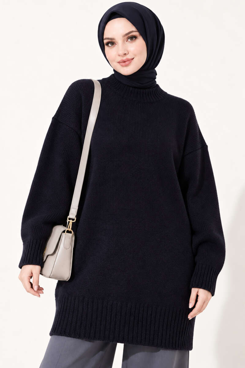 Oversized Ribbed Knit Tunic Navy Blue