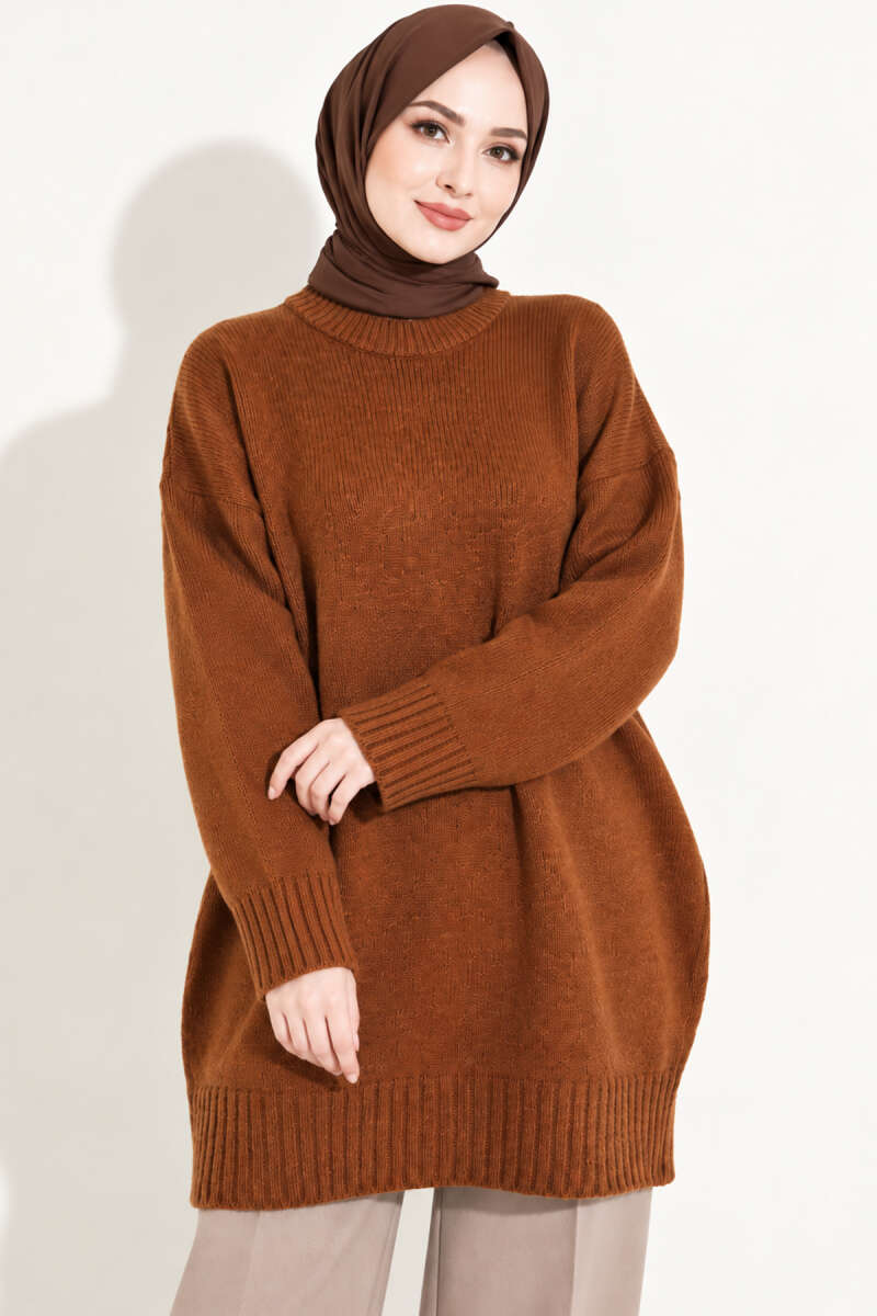 Oversized Ribbed Knit Tunic Tan