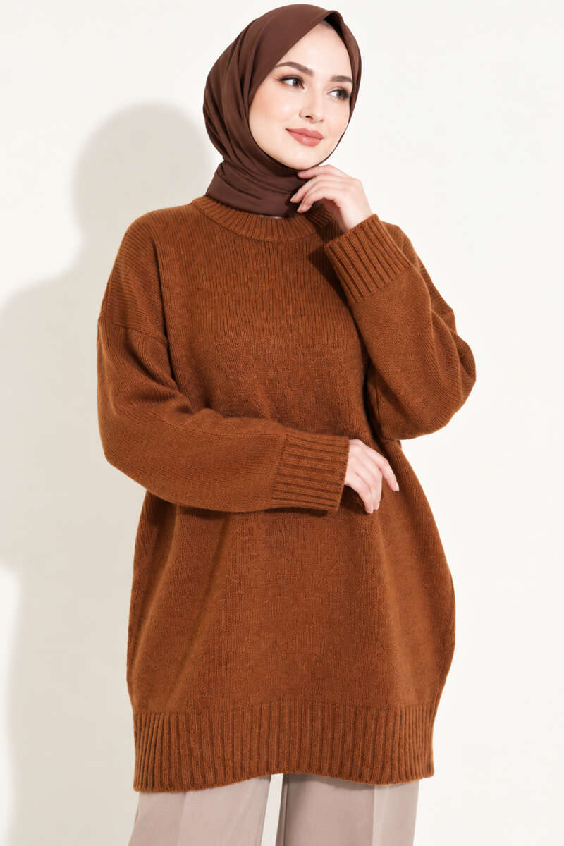 Oversized Ribbed Knit Tunic Tan - Image 2