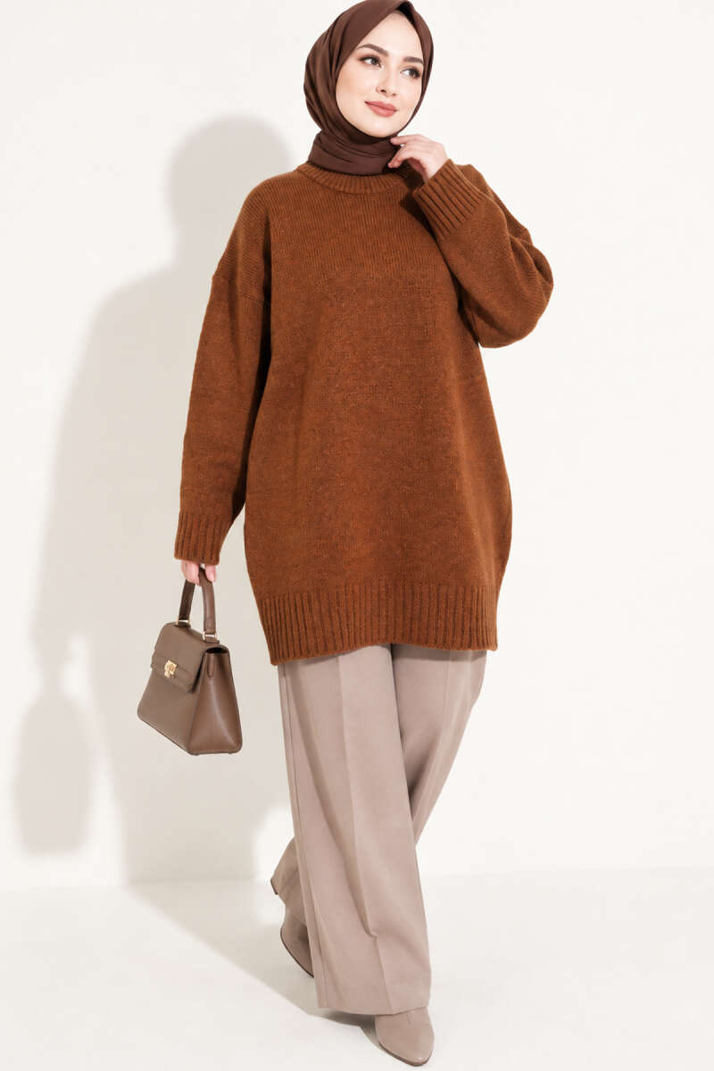 Oversized Ribbed Knit Tunic Tan - Image 3
