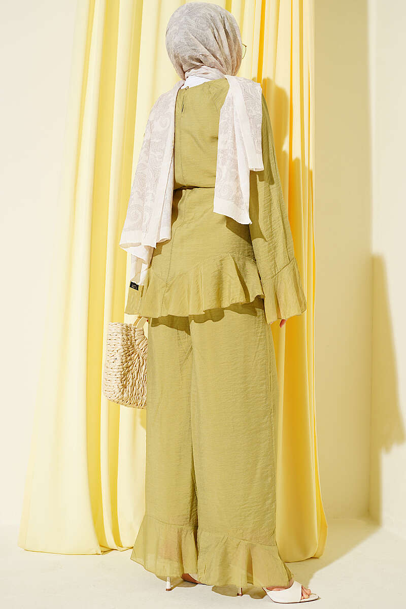 Ruffled Hem Belted Two-Piece Set Oil Green - immagine 3