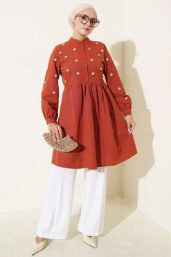 Alternative view of Embroidered Front Half-Button Tunic Brick Red