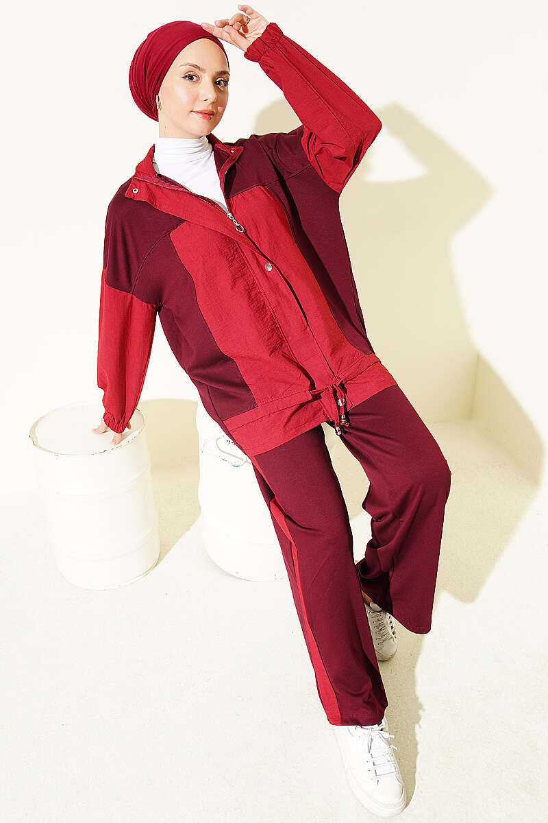 Partially Detailed Snap Button Two-Piece Set Burgundy