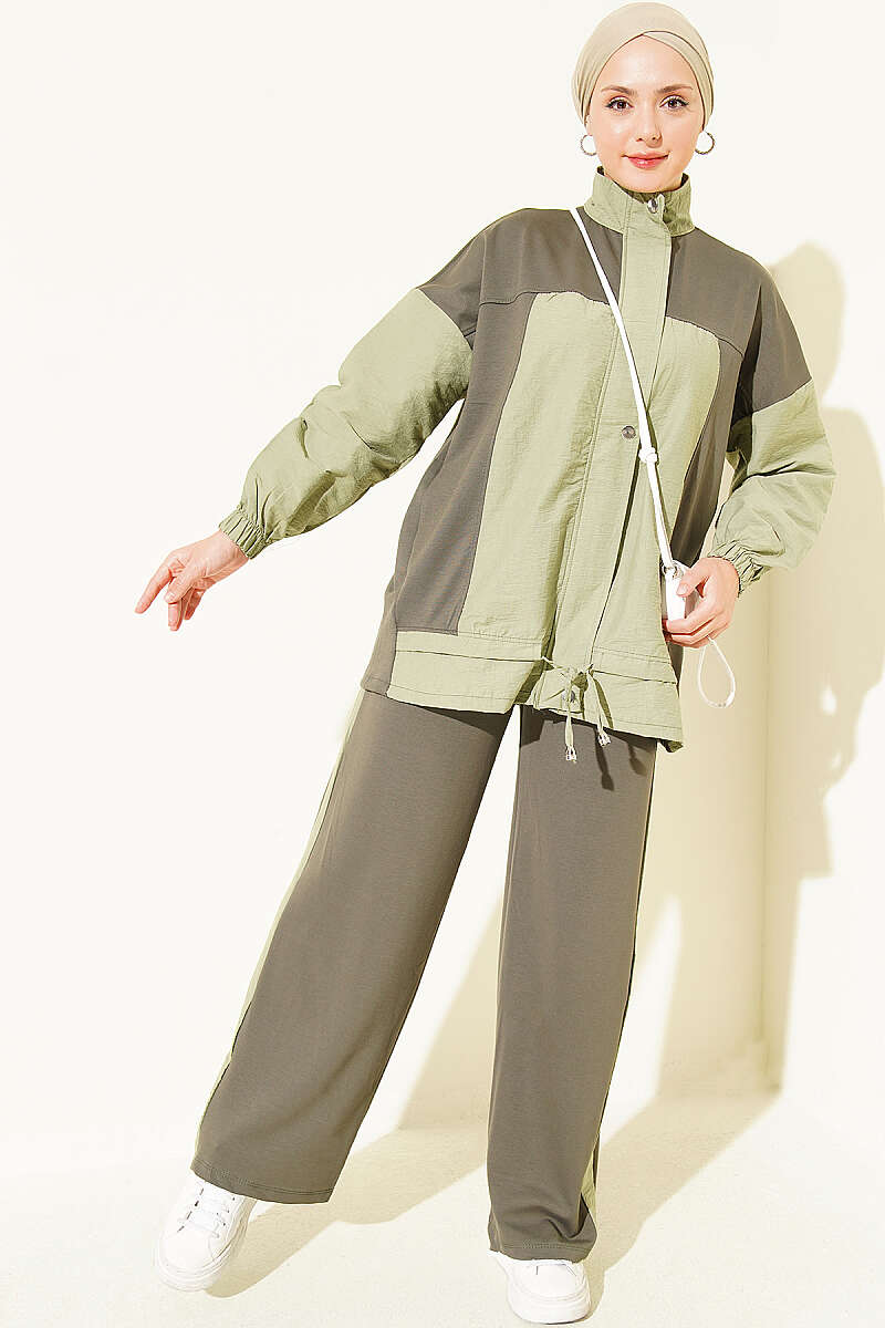 Partially Detailed Snap Button Two-Piece Set Khaki