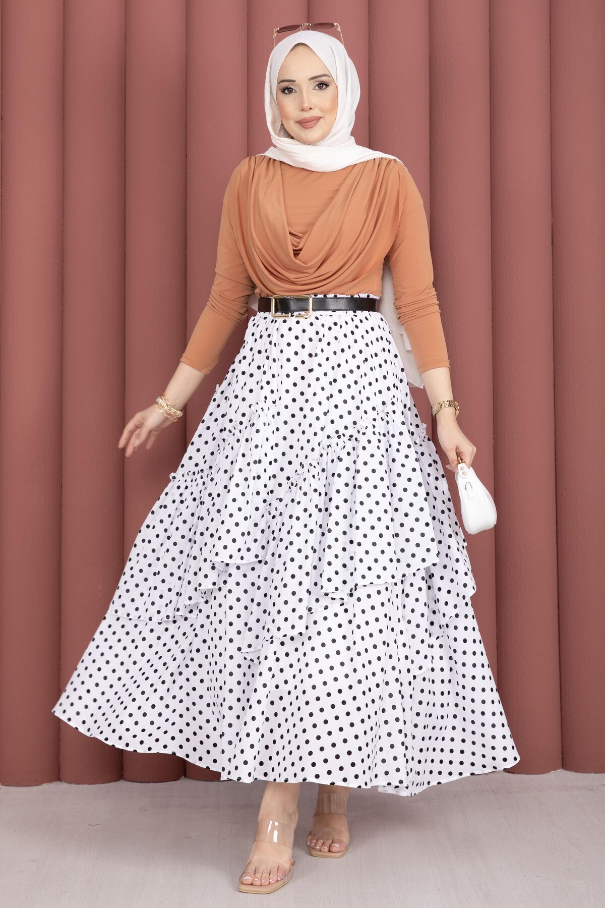Asymmetrical Cut Polka Dot Hem Edge Skirt White - Imagen 3