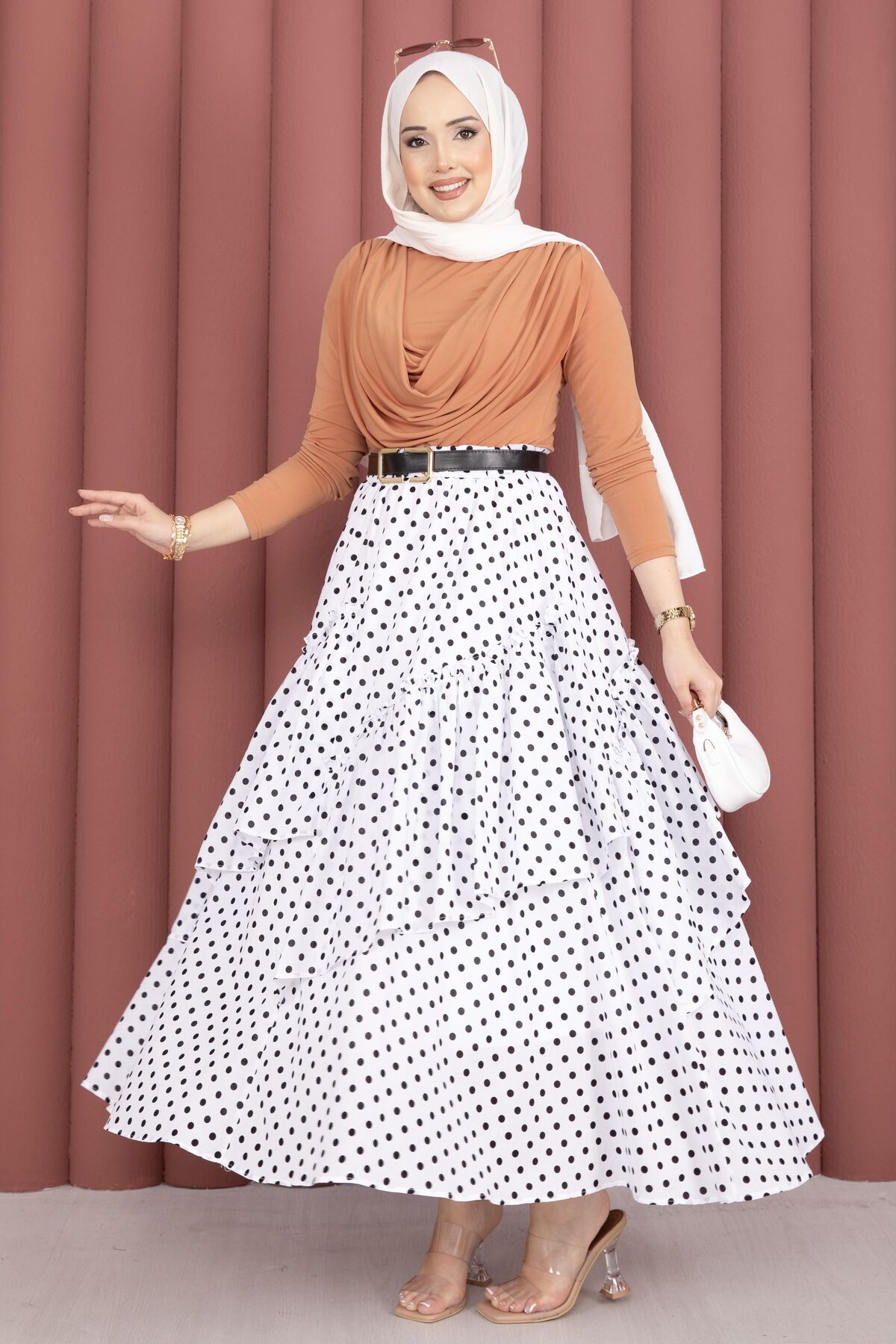 Asymmetrical Cut Polka Dot Hem Edge Skirt White - Imagen 4