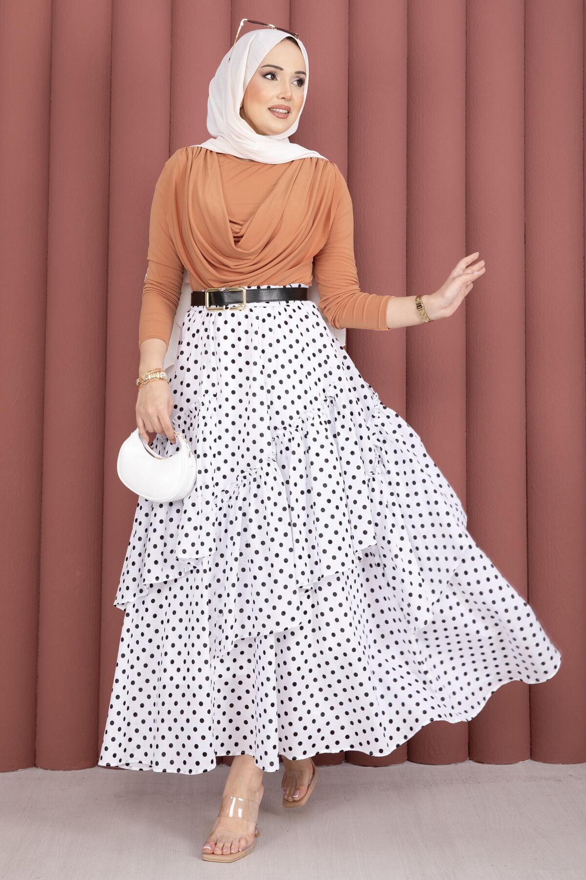 Asymmetrical Cut Polka Dot Hem Edge Skirt White - Imagen 5