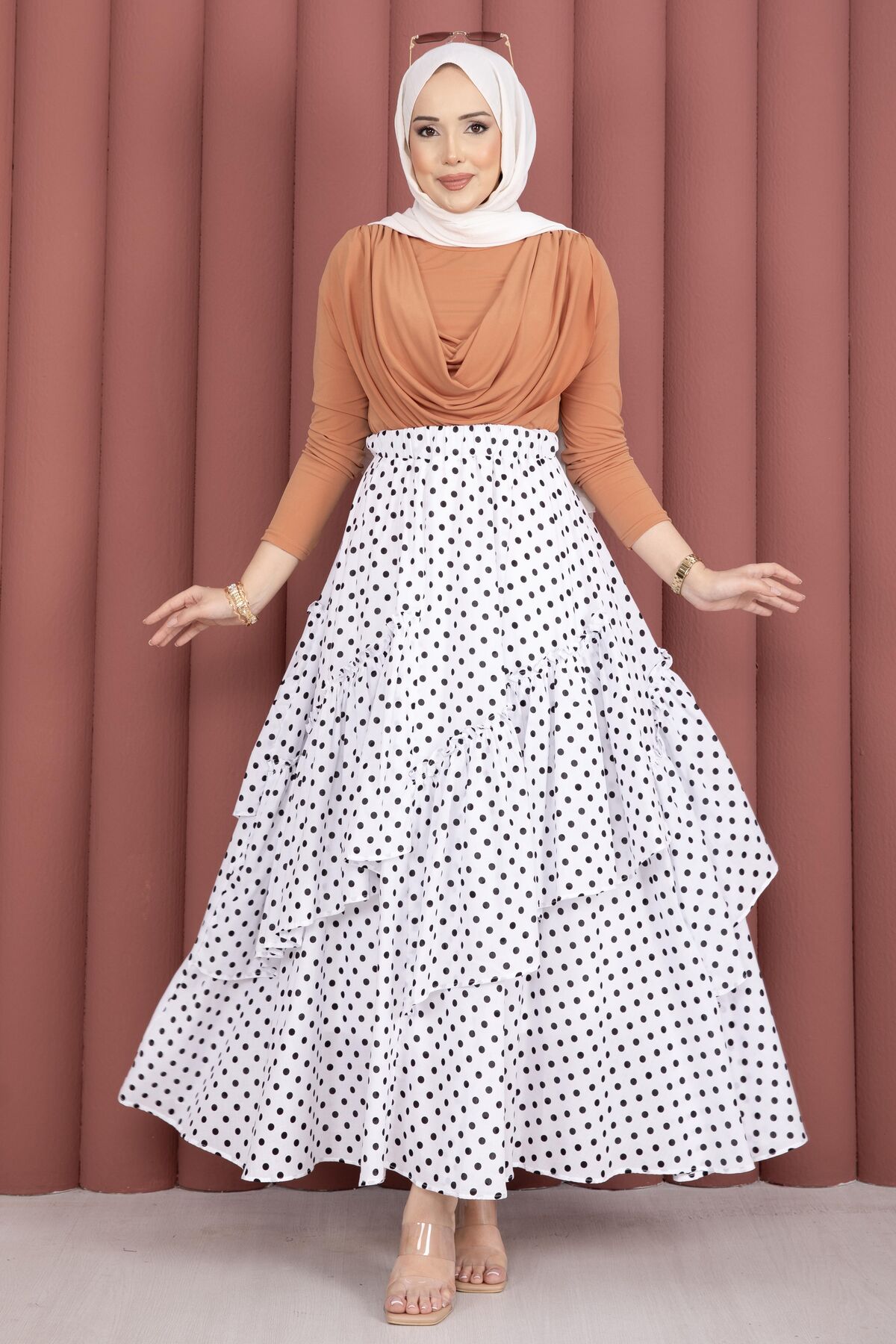 Asymmetrical Cut Polka Dot Hem Edge Skirt White - Imagen 6