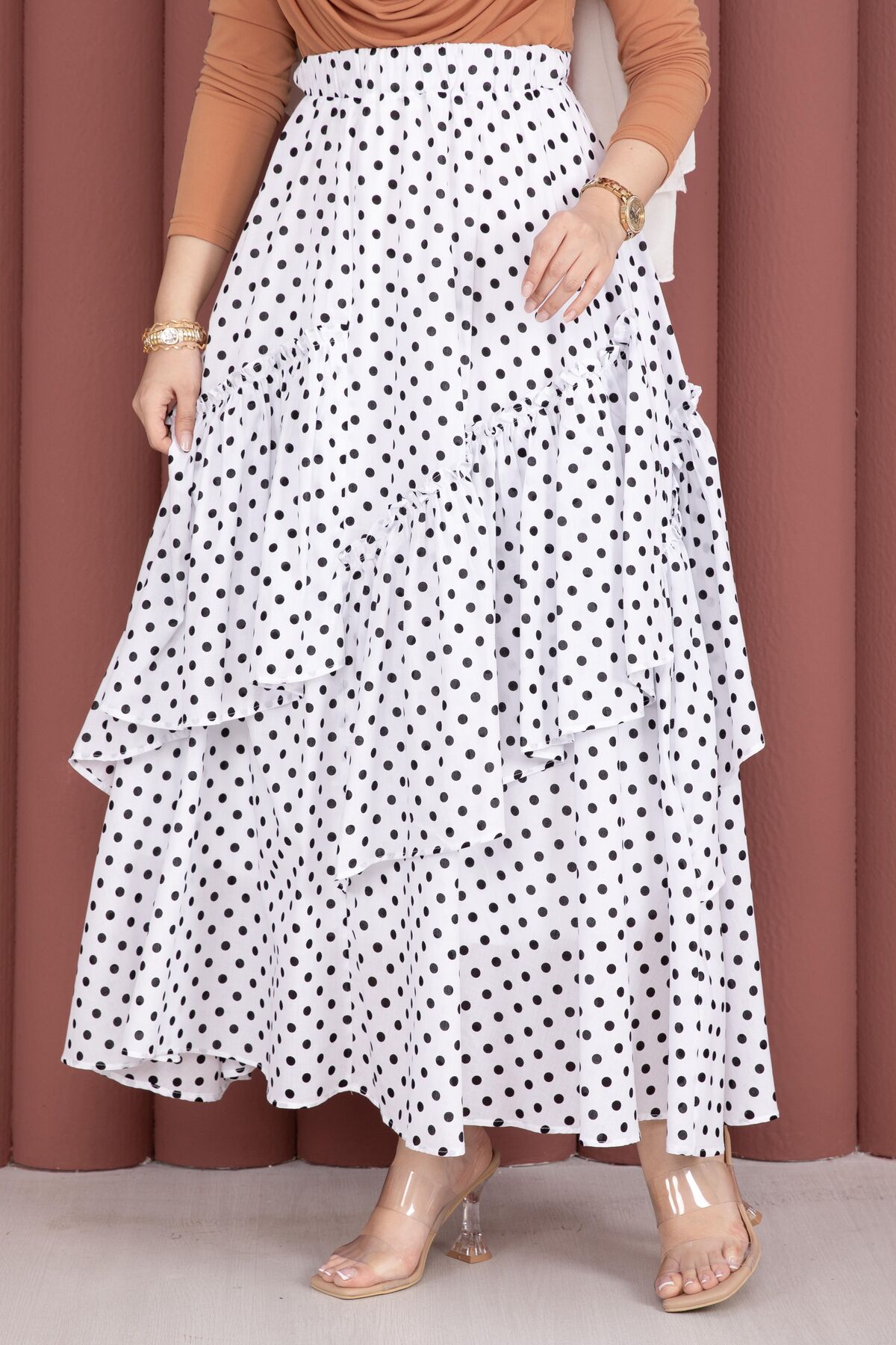 Asymmetrical Cut Polka Dot Hem Edge Skirt White - Imagen 2