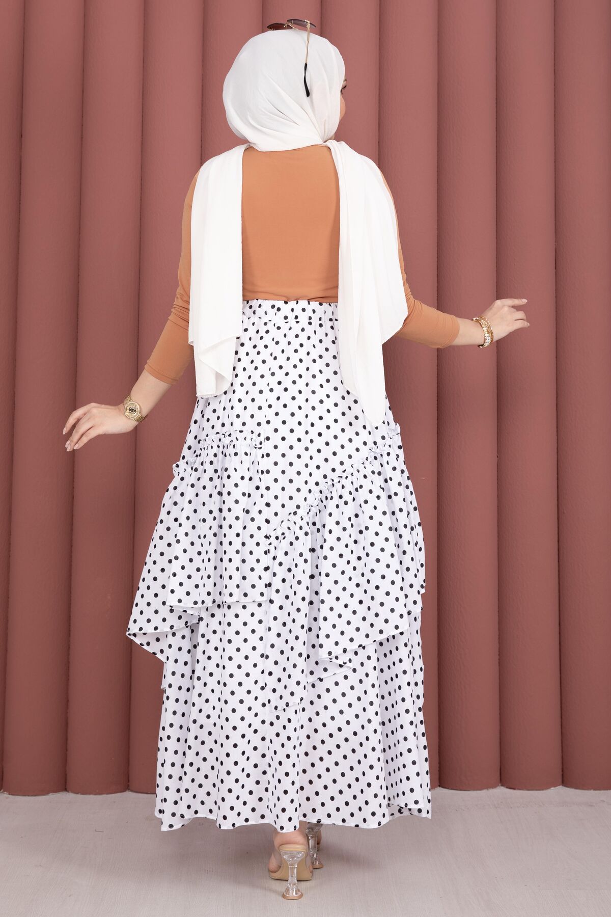 Asymmetrical Cut Polka Dot Hem Edge Skirt White - Imagen 7